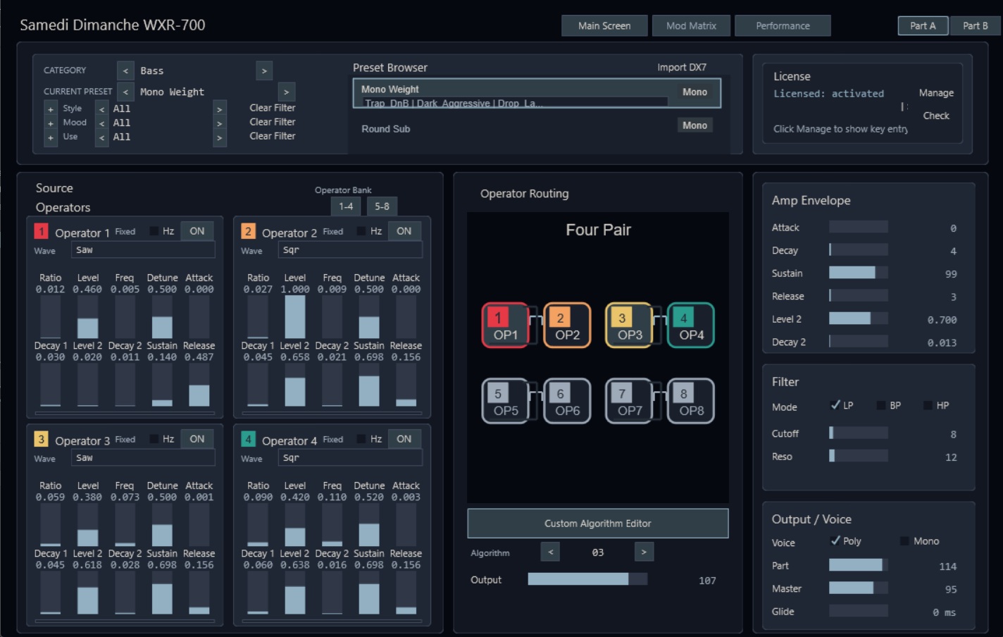 WXR-700 main screen showing operators, preset browser, operator routing and amp envelope